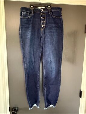 High-Rise Dark Blue Button-Fly Women's Jeans with Frayed Hem